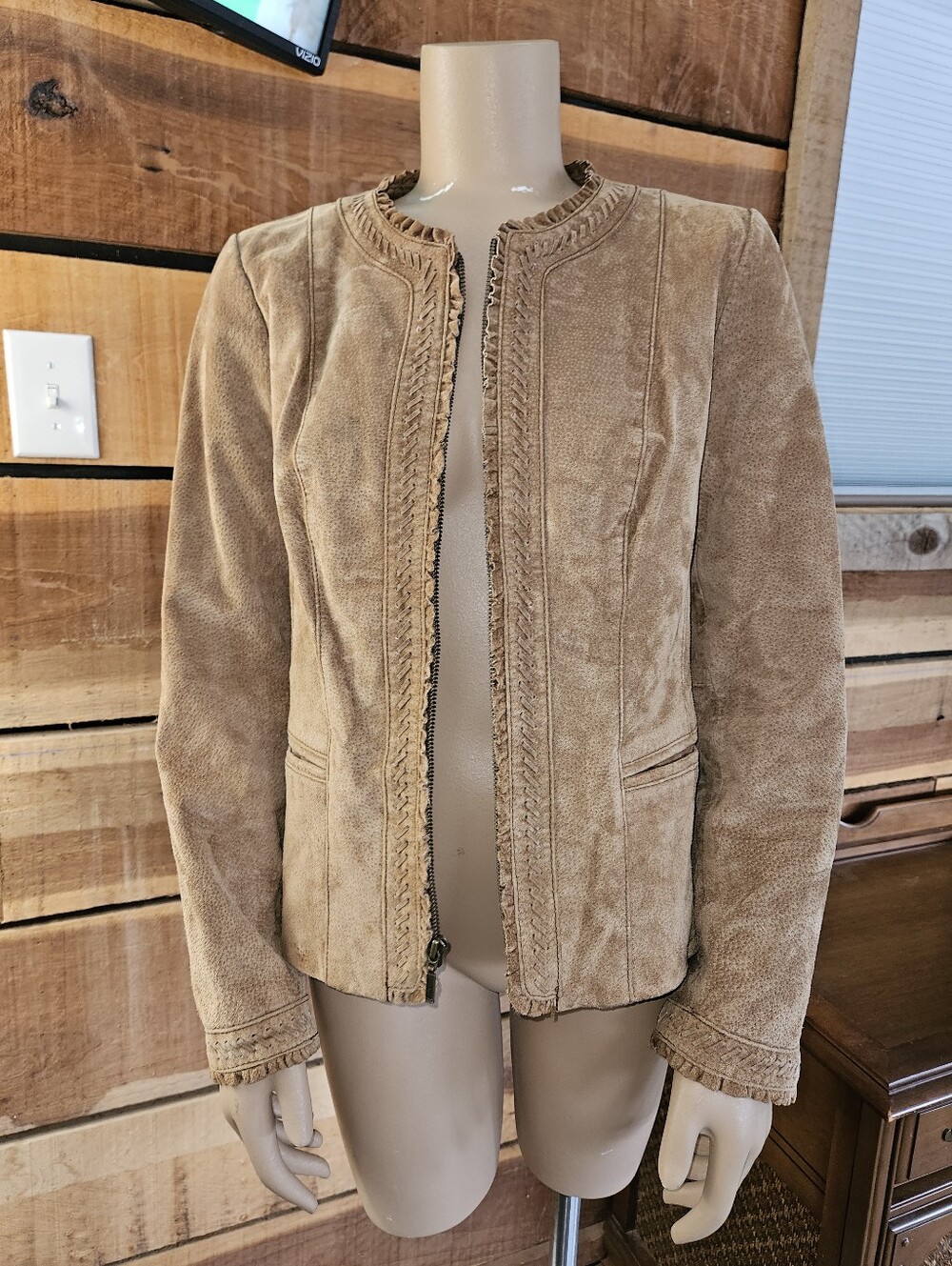 Kasper Women's Suede Jacket Tan Classic Zip Front Ruffle Hems Moto Cowgirl Med